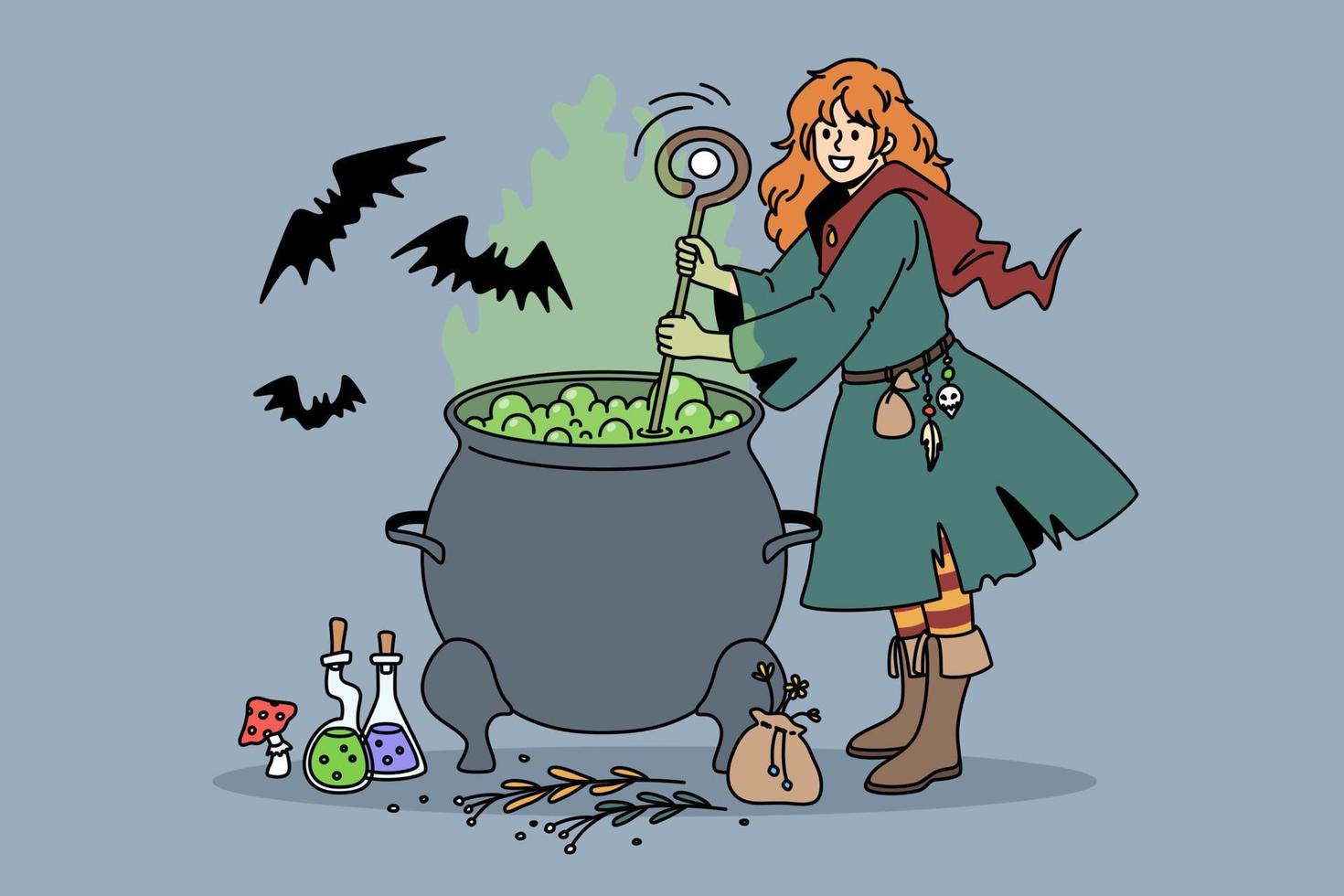 Halloween holiday tradition celebrating concept. Young woman witch in costume standing and brewing potion with bats flying around vector illustration
