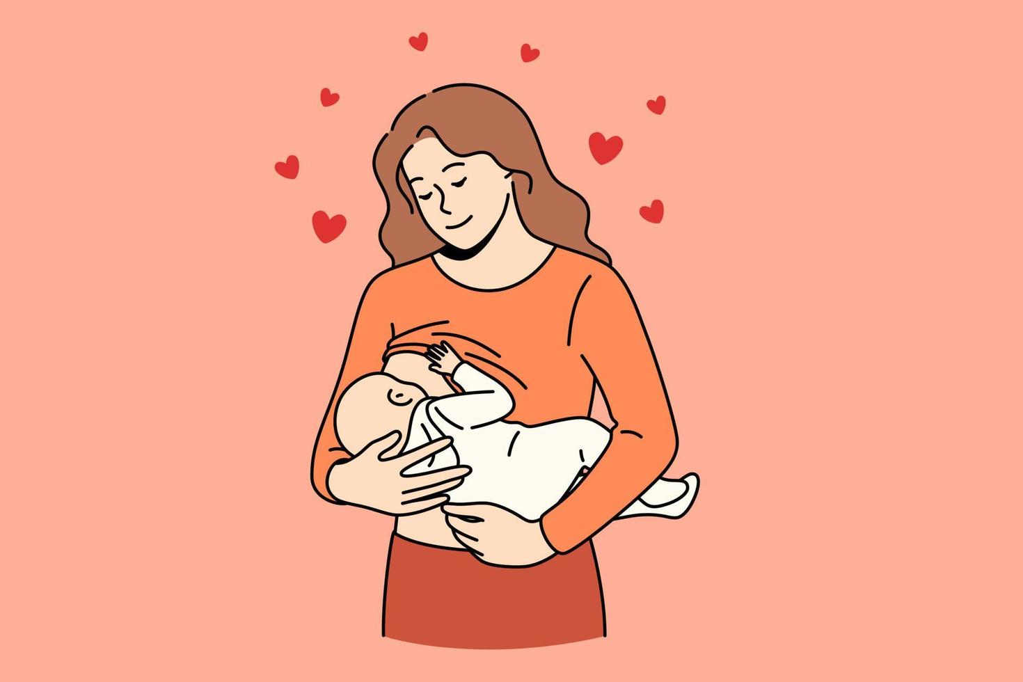 Happy motherhood and breastfeeding concept. Young happy loving smiling woman mother cartoon character standing holding her infant newborn baby breastfeeding vector illustration