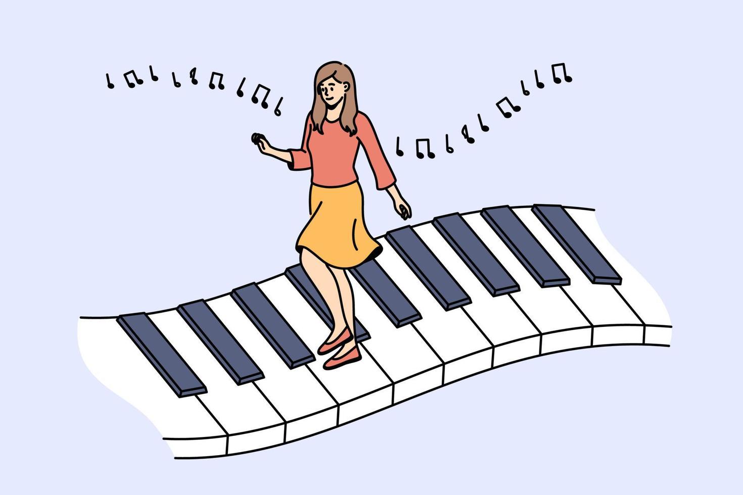 concepto de música y piano. Pianista de personaje de dibujos animados mujer joven caminando a través enormes teclas de piano con notas de melodía sobre ilustración vectorial 13700110 Vector en