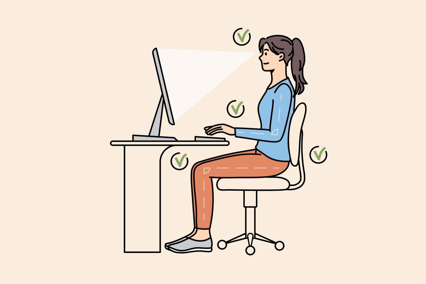 la chica se sienta en el escritorio y trabaja en la computadora en la posición correcta. la mujer joven mantiene la distancia correcta entre los ojos y la postura en la mesa de la pc. concepto de trabajo de oficina ergonómico. ilustración vectorial, personaje de dibujos animados. vector