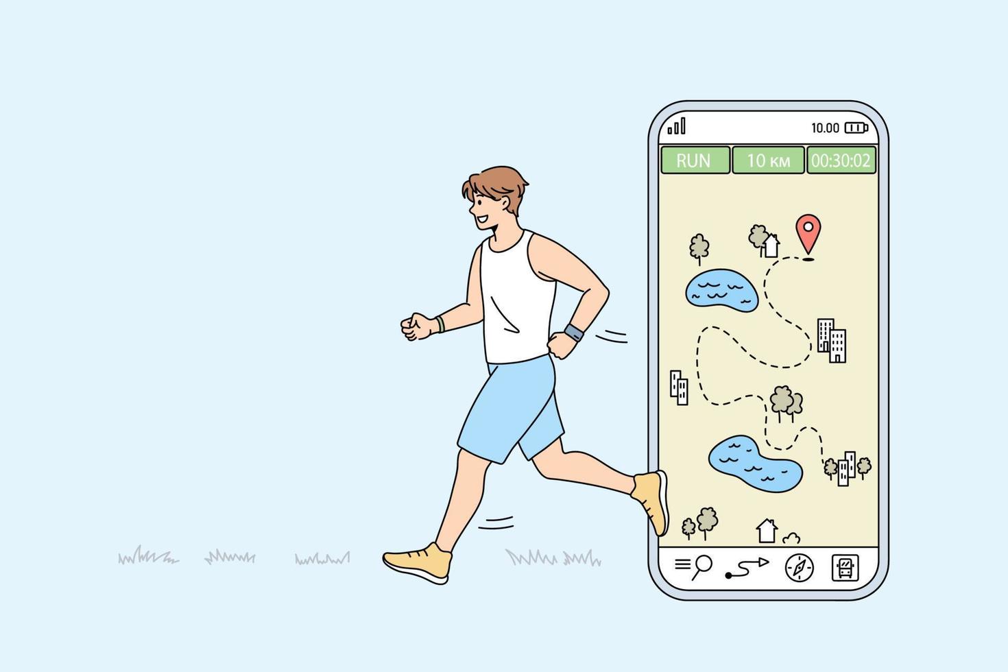 Healthy active man in sportswear run marathon track route on smartphone application. Sporty toned male athlete do sports use app on modern cellphone. Physical activity. Vector illustration.