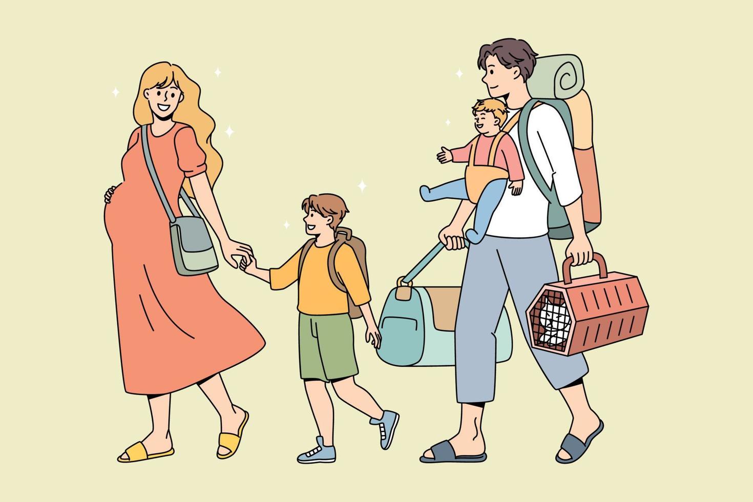 Young family with kids carry personal belongings ready for summer vacation. Happy father, pregnant mother and children ready for travel. Season holiday, tourism concept. Leisure activity. vector