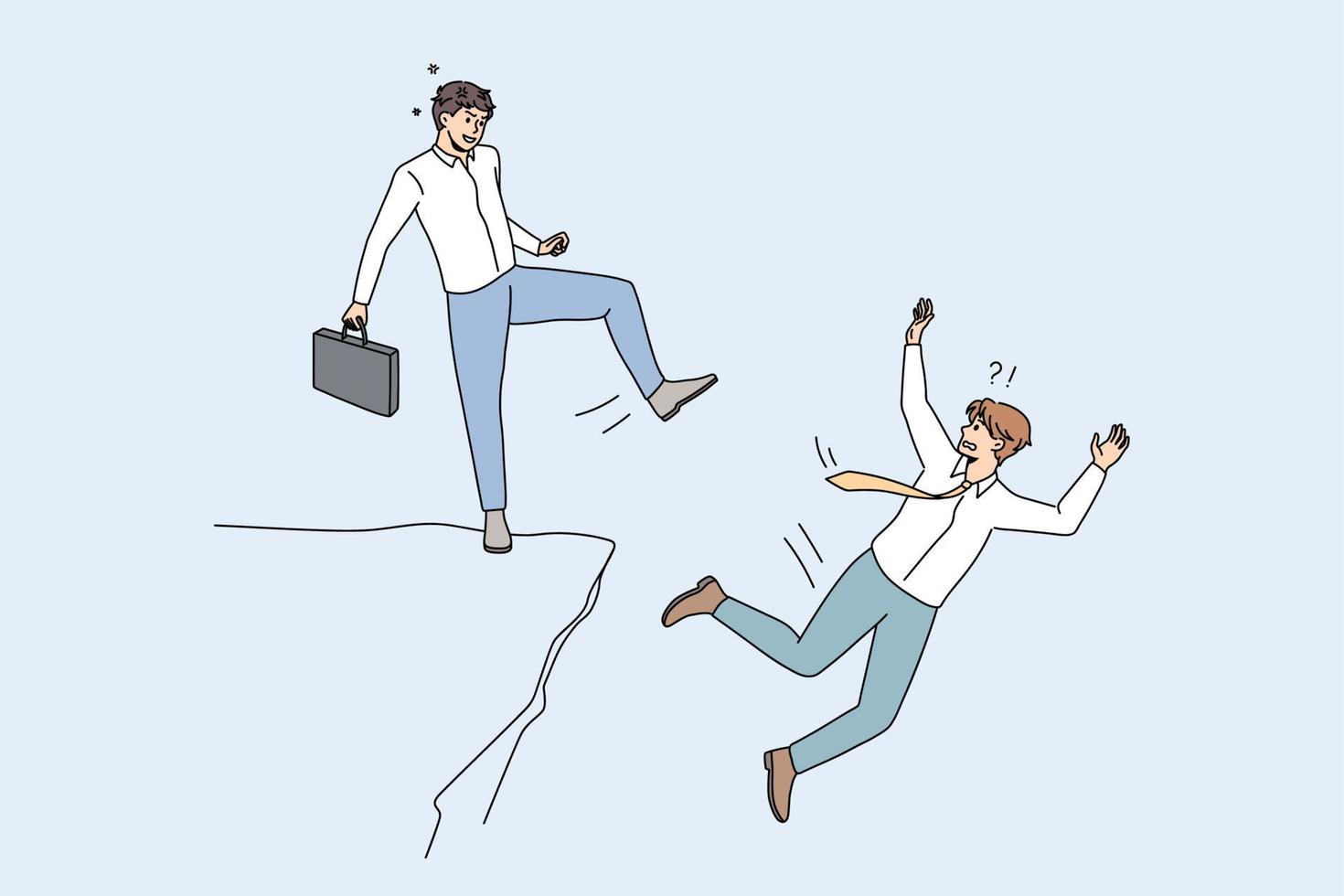 Businessman kick throw male colleague off cliff or hill. Man eliminate rival coworker at workplace. Rivalry and competition concept. Cheating competitor or partner. Flat vector illustration.