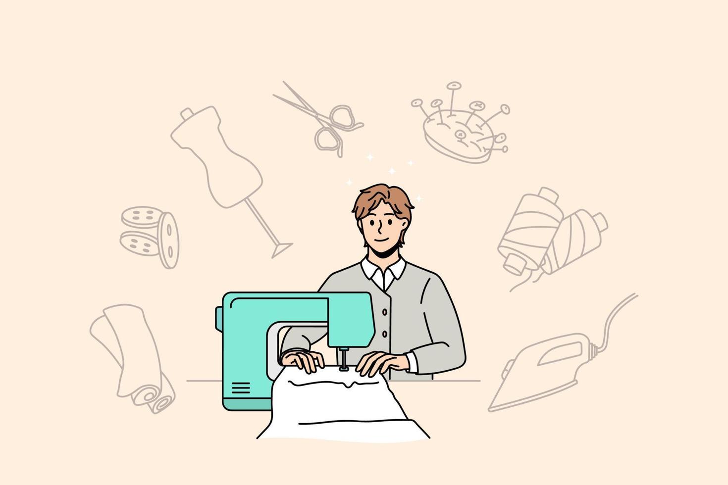 Man dressmaker work on sewing machine design new clothes line in workshop. Smiling male designer or tailor work in fashion atelier or studio. Style, dressmaking concept. Vector illustration.