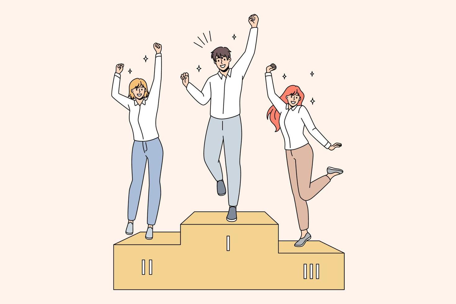 Overjoyed people winners stand on podium celebrate victory in competition or tournament. Happy men and women excited with win, rank top get first places. Recognition. Success. Vector illustration.