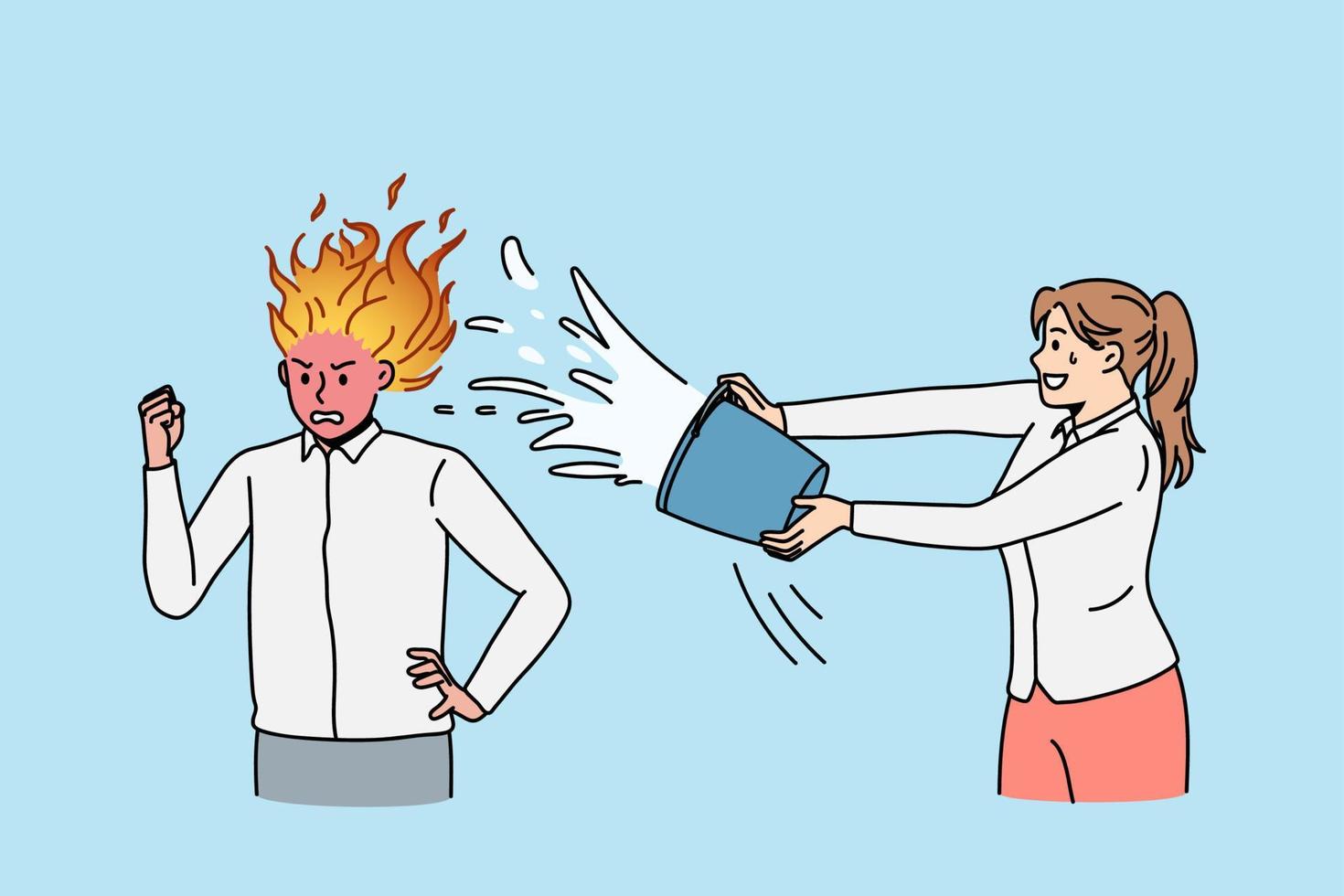 mujer vierte agua a la cabeza de un colega masculino ardiendo en llamas que sufren de agotamiento en el trabajo. la mujer se calma, el compañero de trabajo, pensando mucho en la lluvia de ideas. estrés laboral ilustración vectorial vector