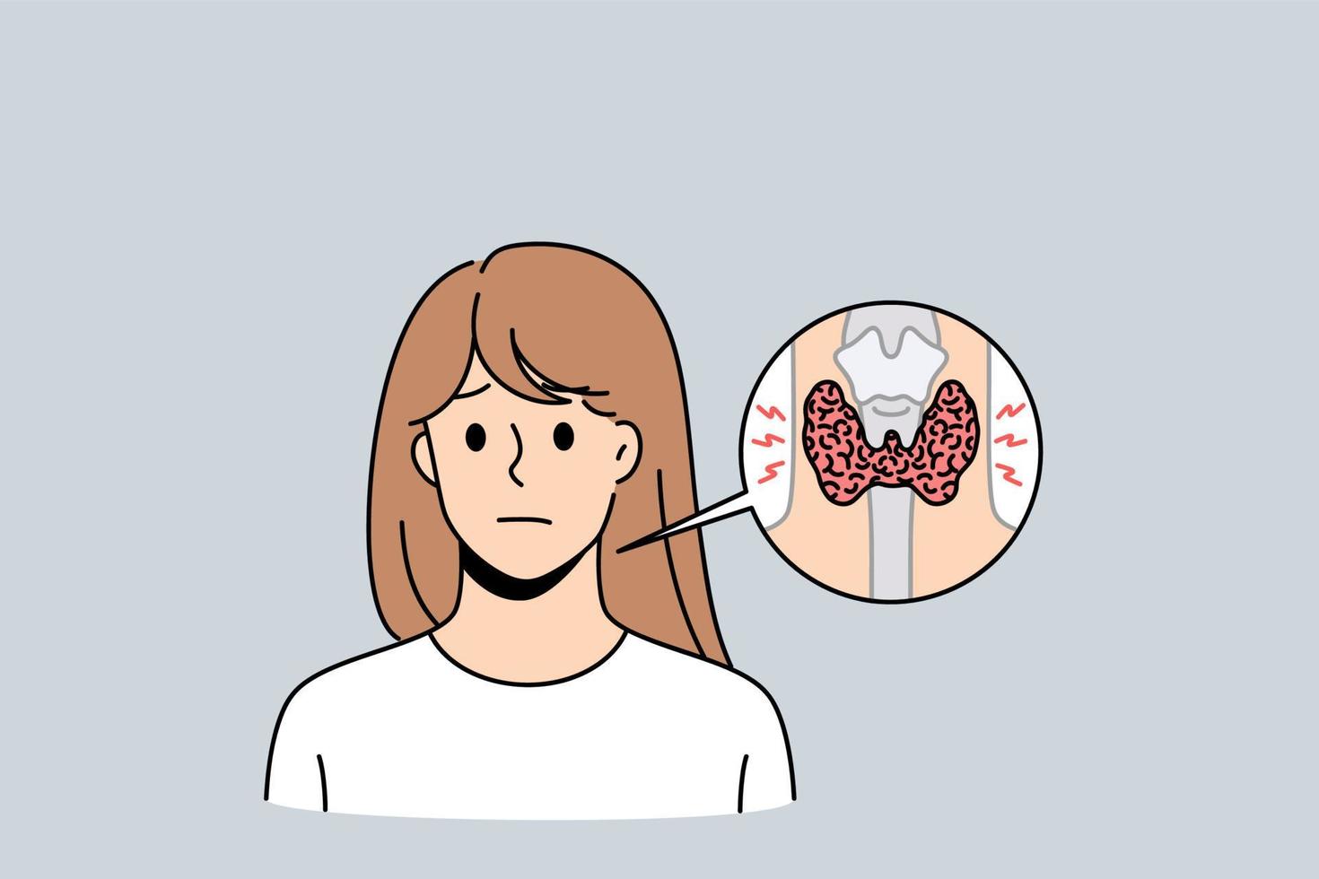 Unhappy sick woman have problems with gland or trachea suffer from painful feeling. Unhealthy girl with closeup picture of larynx body organ. Healthcare concept. Anatomy. Vector illustration.