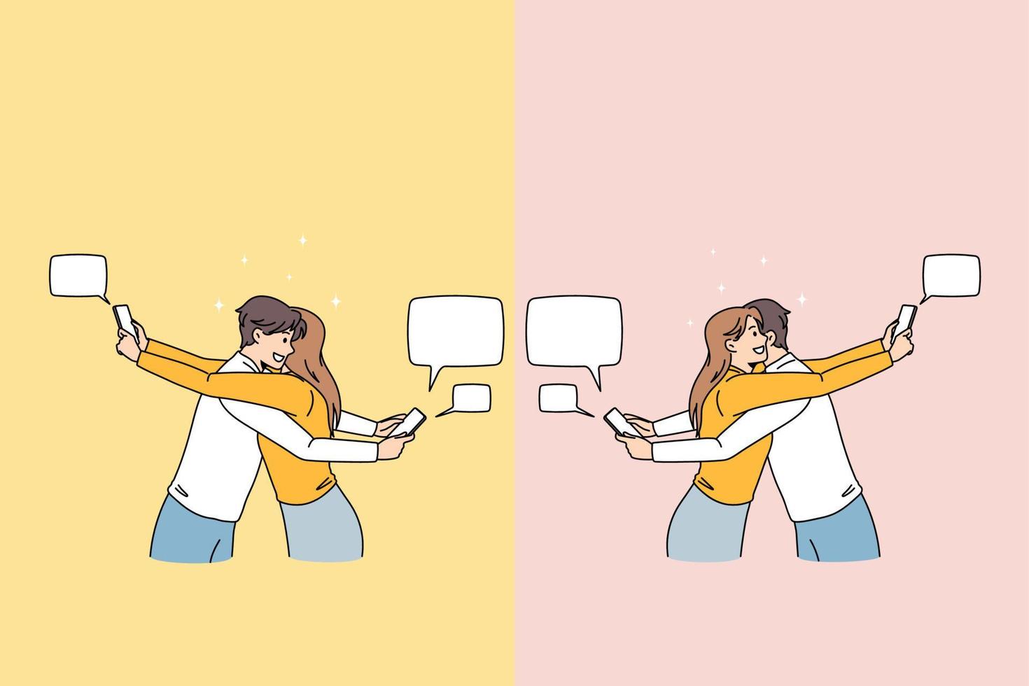 pareja abraza mensaje de texto en el teléfono celular haciendo trampa en línea. los amantes del hombre y la mujer se abrazan tienen comunicación en internet en el teléfono inteligente. redes sociales, relaciones. ilustración vectorial plana. vector