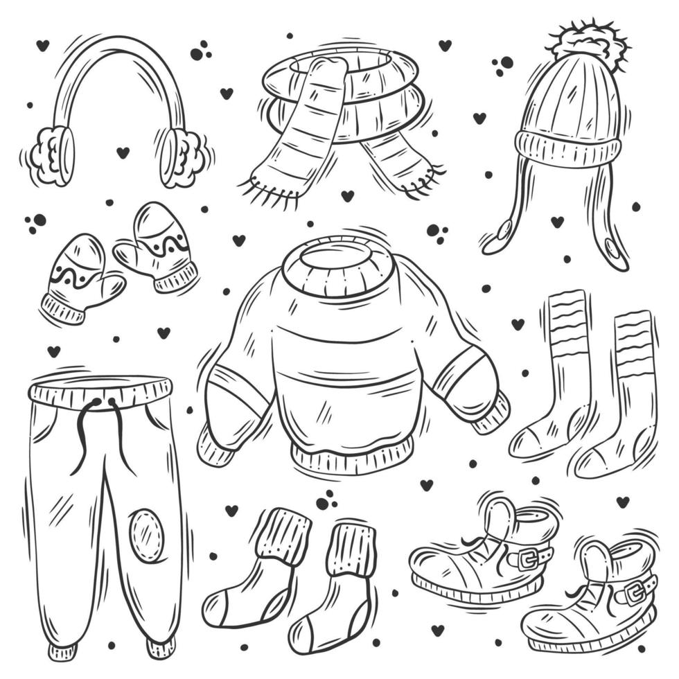 Hand drawn set of winter clothes doodle coloring vector