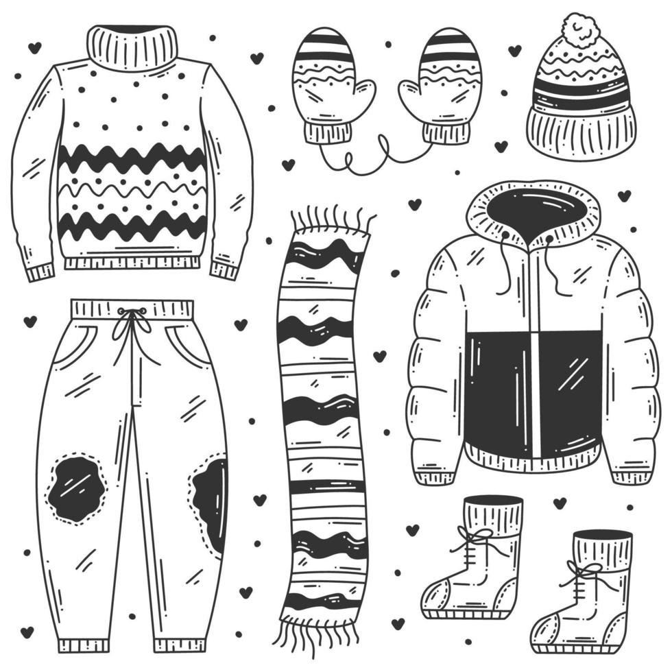 elementos esenciales de invierno dibujados a mano doodle para colorear vector
