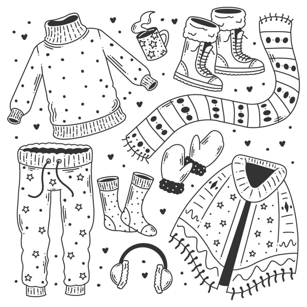 Winter clothes hand drawn doodle coloring vector