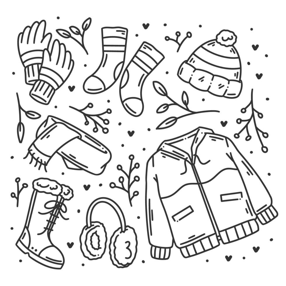 Winter clothes and essentials hand drawn doodles coloring vector