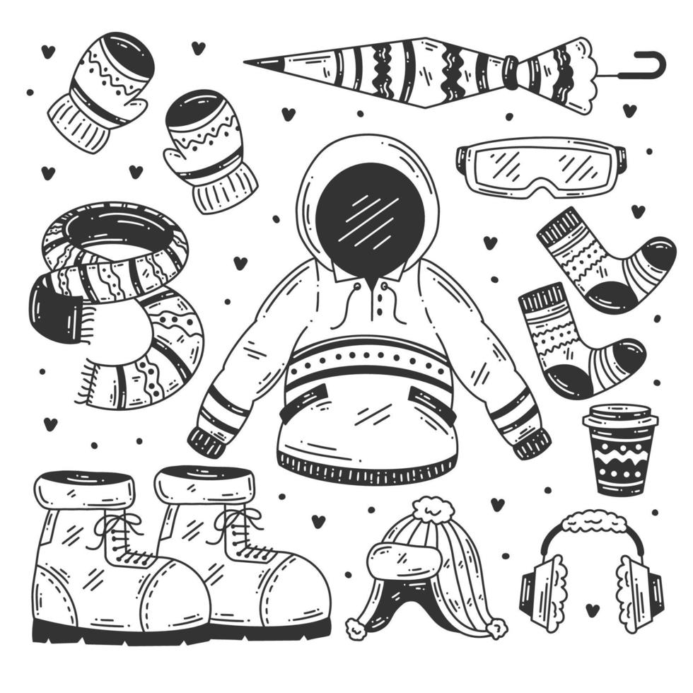 Winter clothes and essentials hand drawn doodle coloring vector