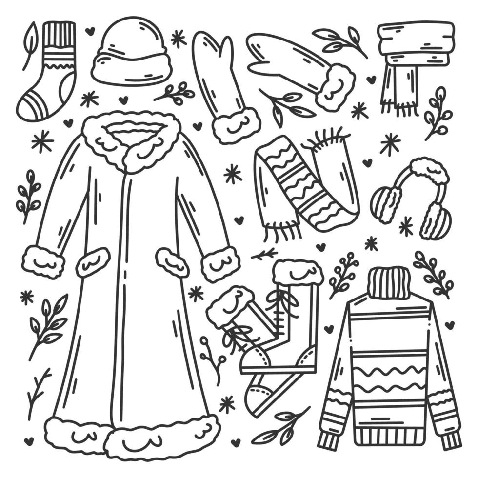 Winter clothes hand drawn doodles coloring vector