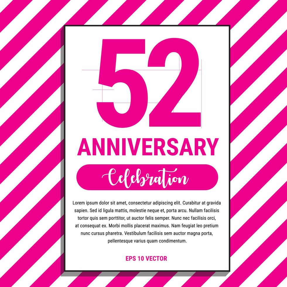 Diseño de celebración de aniversario de 52 años, en la ilustración de vector de fondo de raya rosa. eps10 vector