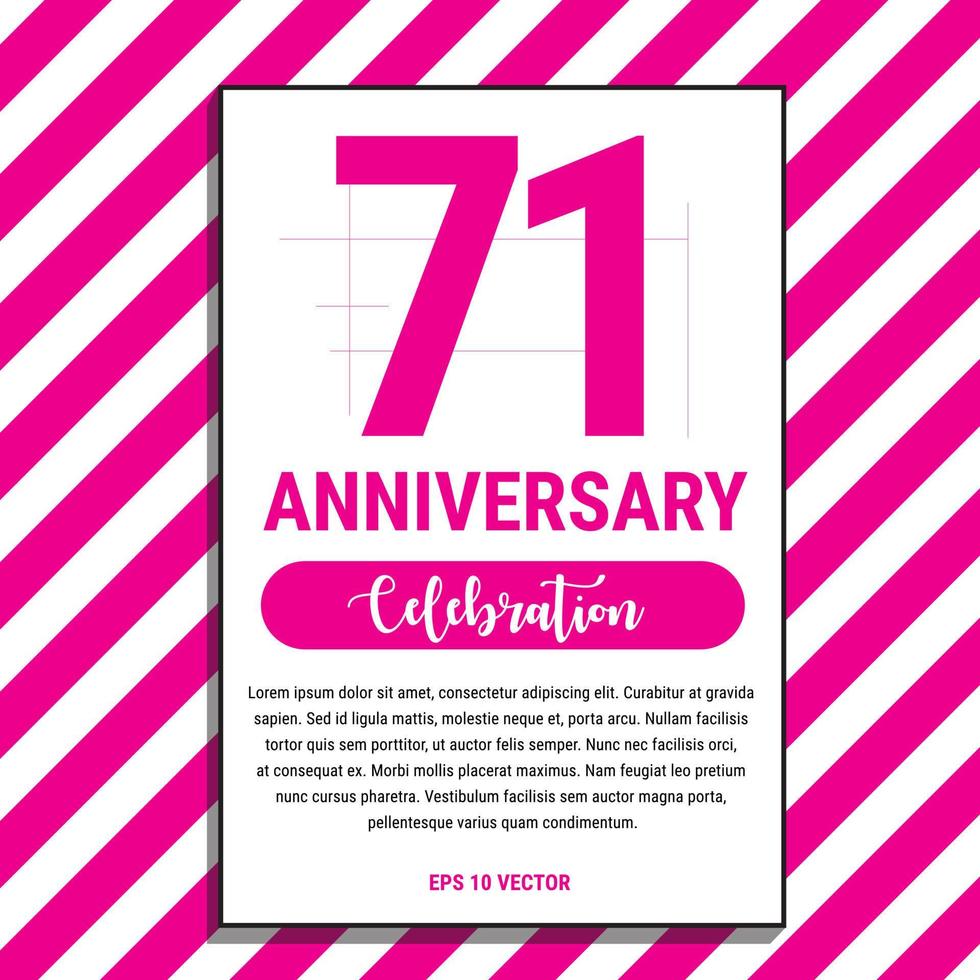 Diseño de celebración de aniversario de 71 años, en la ilustración de vector de fondo de raya rosa. eps10 vector