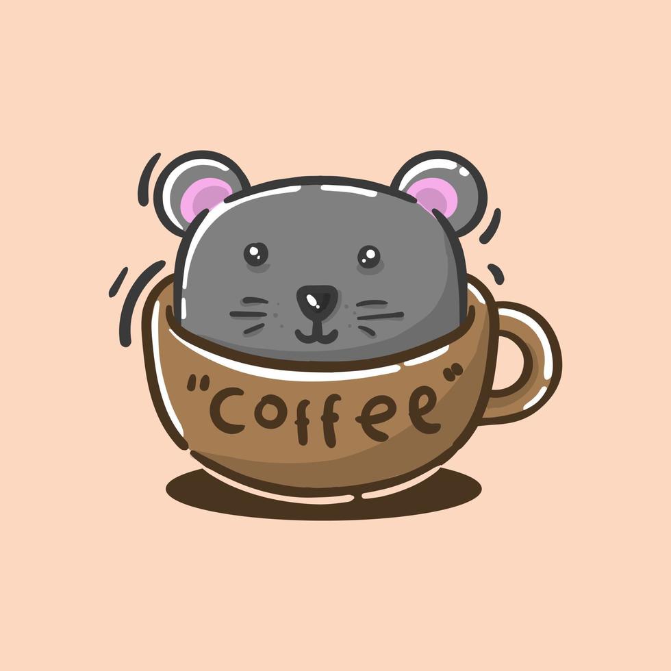 Lindo ratón de dibujos animados en una taza de café ilustración vectorial vector