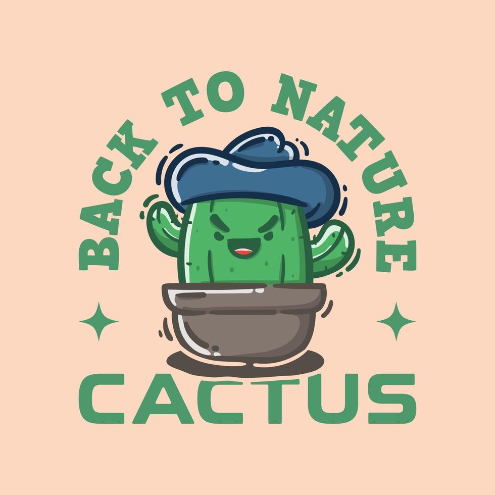 cute cactus in pot use blue hat cartoon vector illustration good for t shirt design