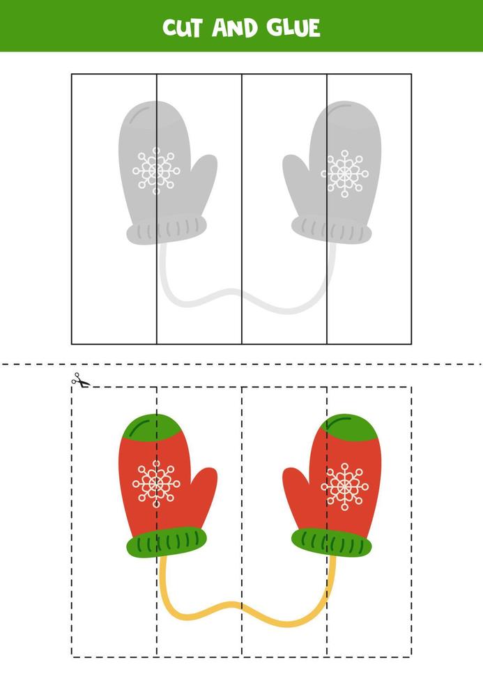 Cut and glue game for kids. Winter mittens. vector