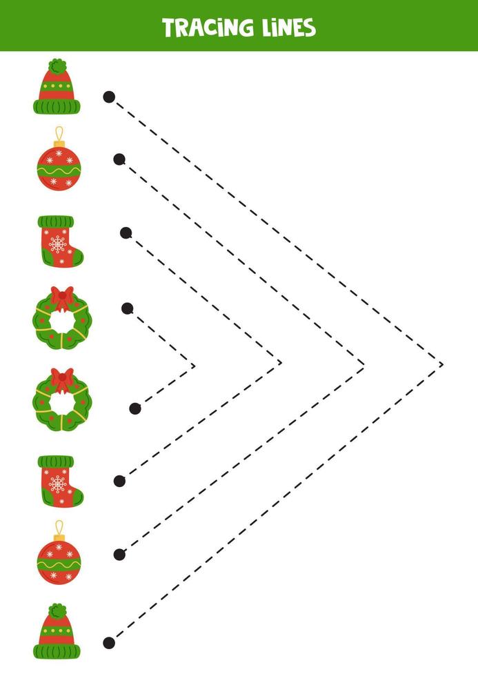 Tracing lines for kids. Cartoon Christmas elements. Writing practice. vector