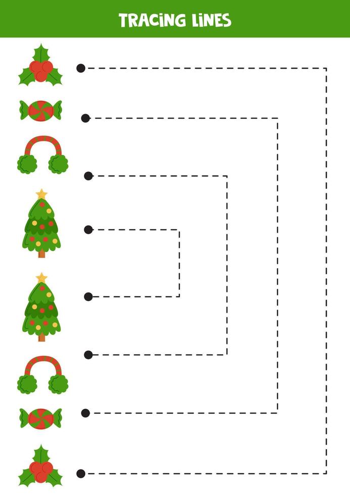 Tracing lines for kids. Cartoon Christmas elements. Writing practice. vector