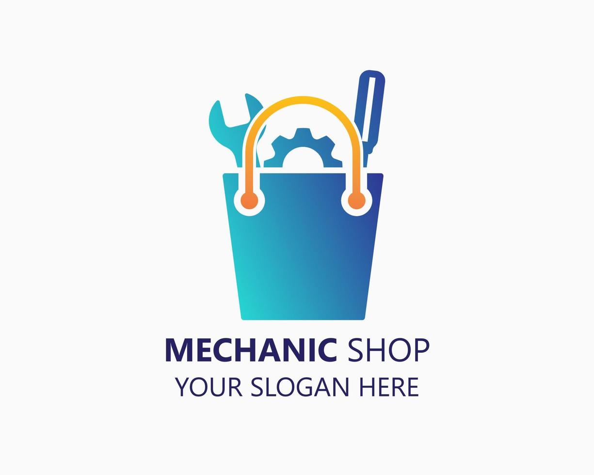 mechanic shop logo design template. bag and tools illustration vector