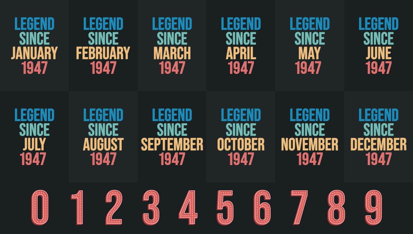 leyenda desde 1947 todo el mes incluye. nacido en 1947 paquete de diseño de cumpleaños de enero a diciembre vector