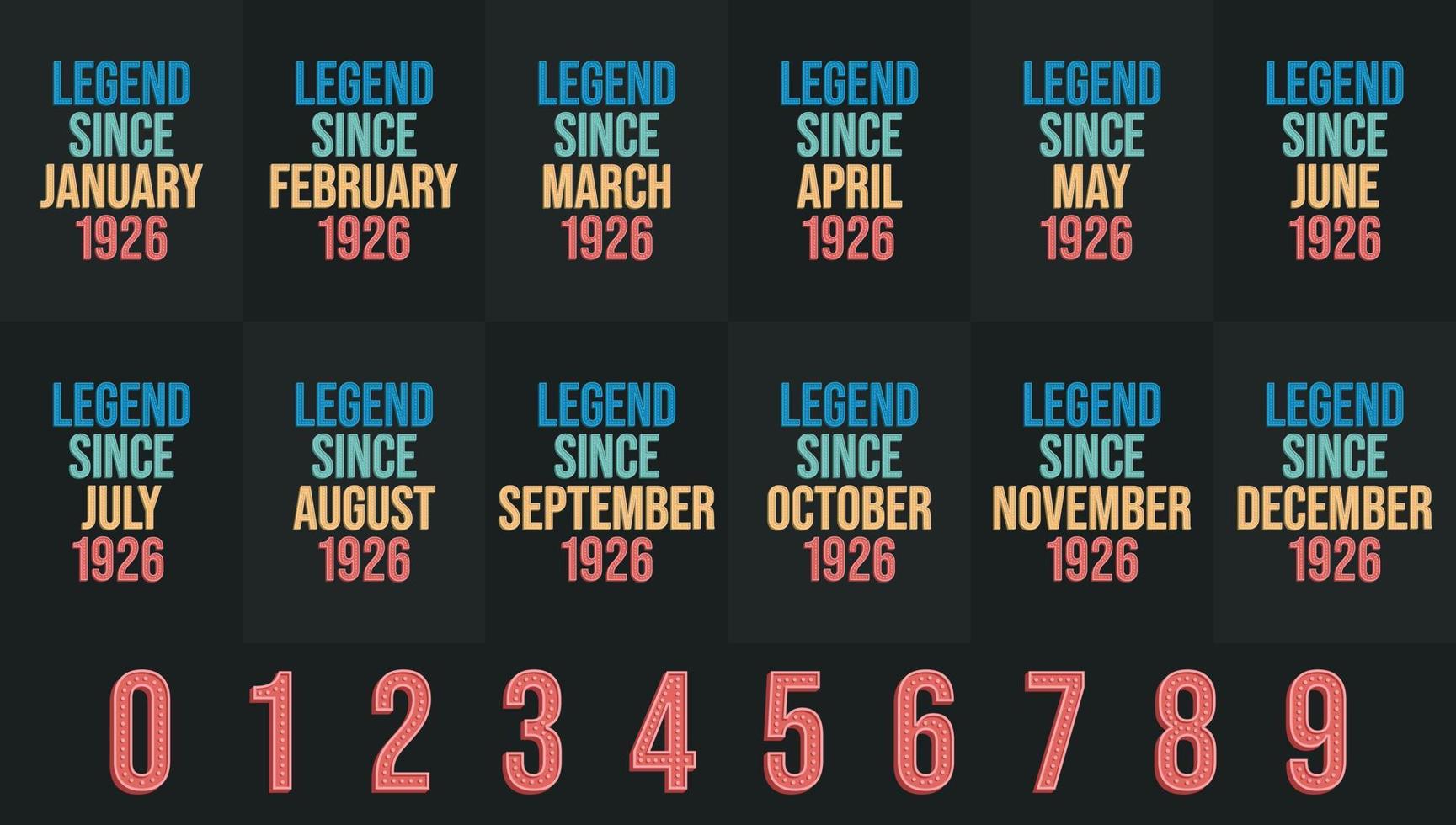 Legend since 1926 all month includes. Born in 1926 birthday design bundle for January to December vector