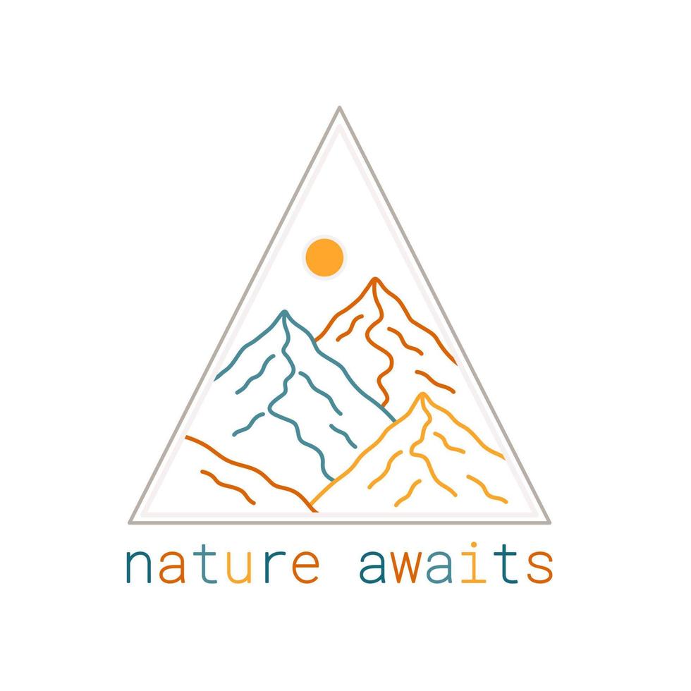 Nature awaits wildlife mountains in colorful mono line design for badge, sticker, patch, t shirt design, etc vector