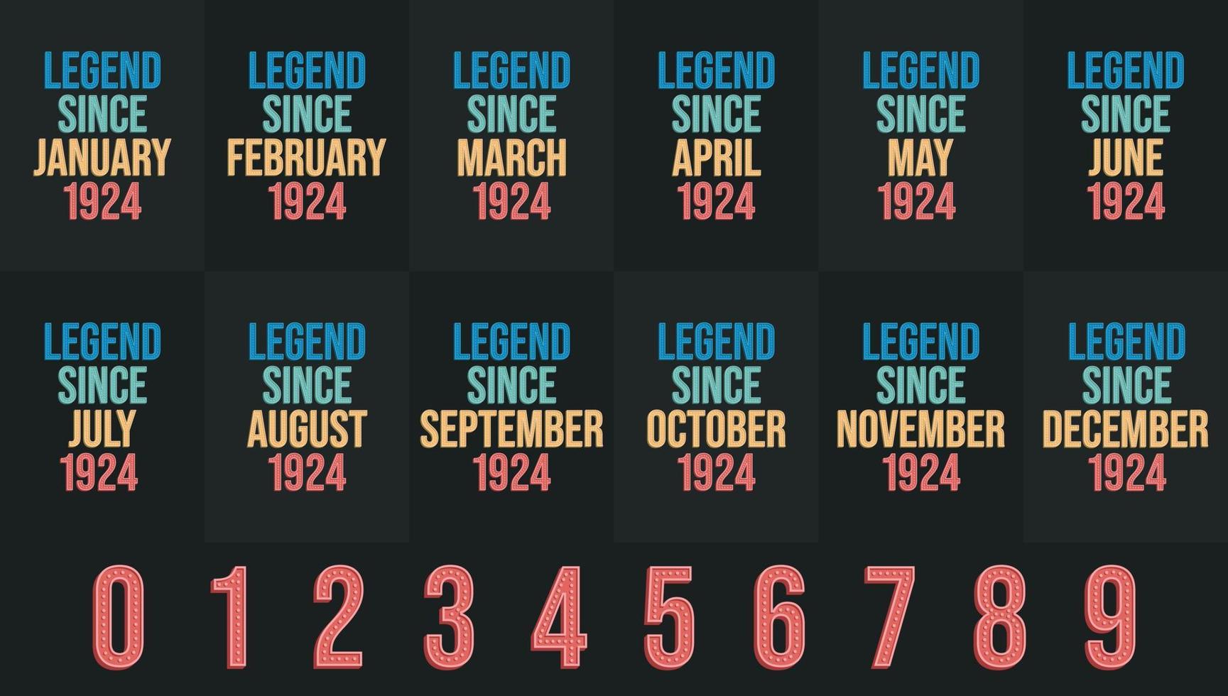 Legend since 1924 all month includes. Born in 1924 birthday design bundle for January to December vector