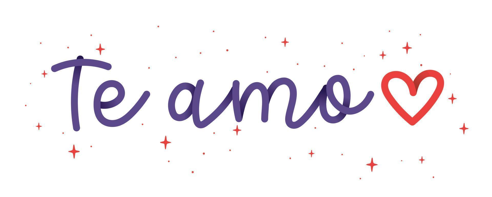 Hand cursive phrase purple I love you in Brazilian Portuguese with stars and red heart. Translation - I love you vector