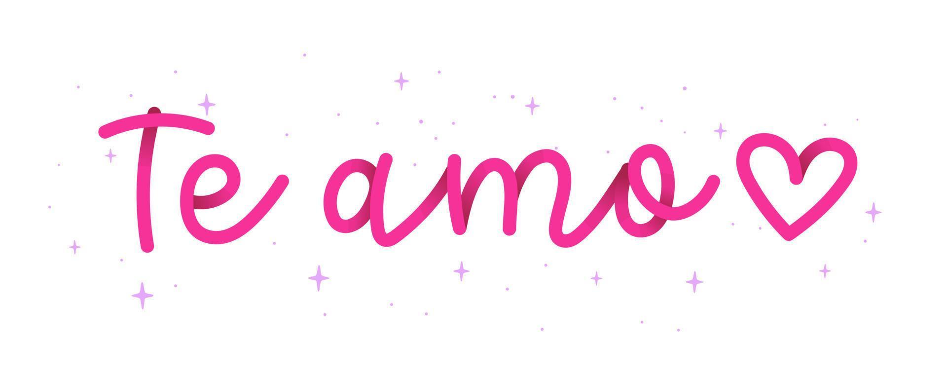 Hand cursive phrase vibrant pink I love you in Brazilian Portuguese with stars and heart. Translation - I love you vector