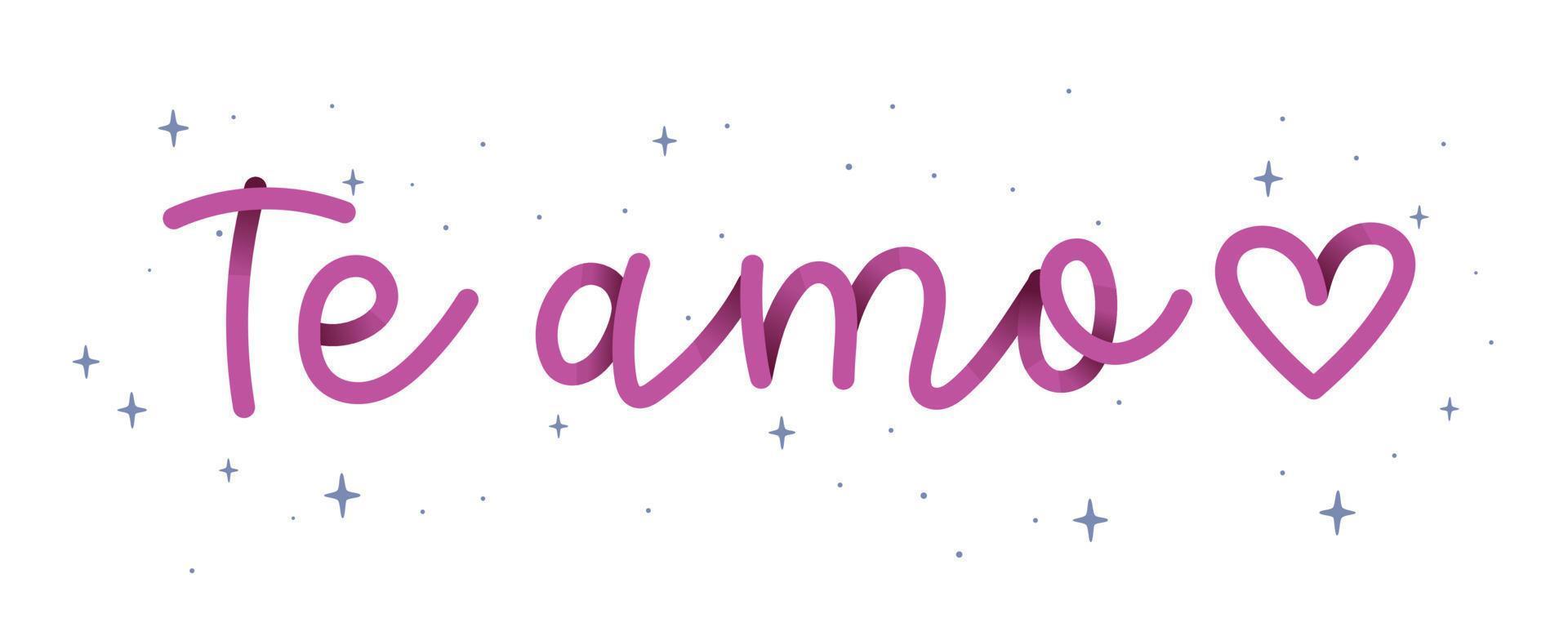 Hand cursive phrase pink I love you in Brazilian Portuguese with stars and heart. Translation - I love you vector