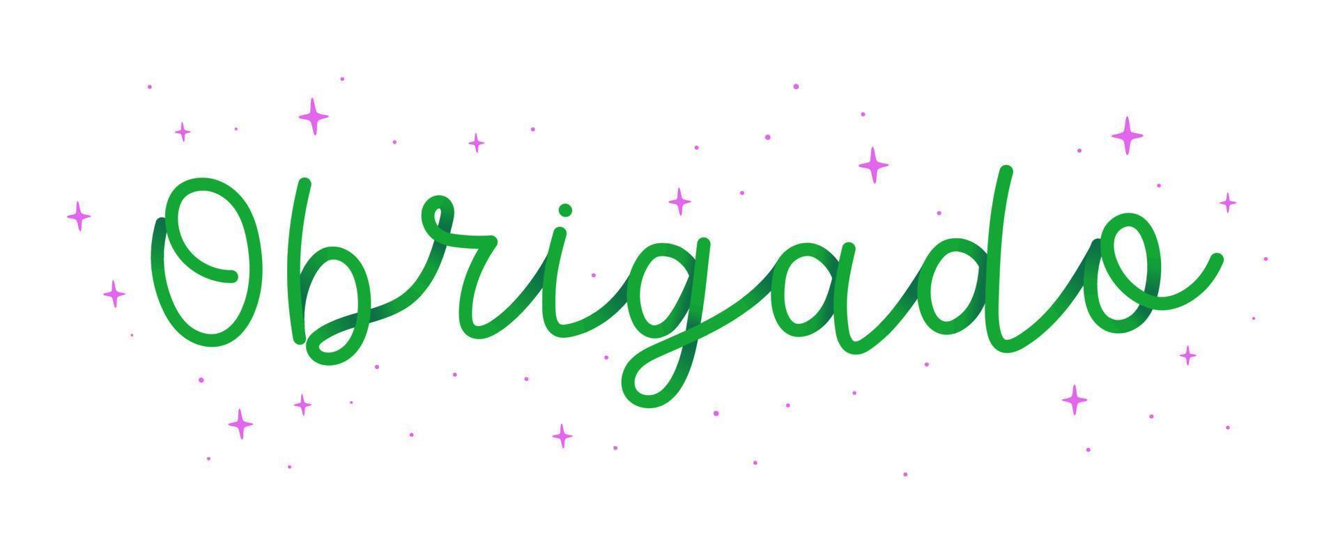 Hand cursive word green Thank You in Brazilian Portuguese with stars. Translation - Thank you. vector