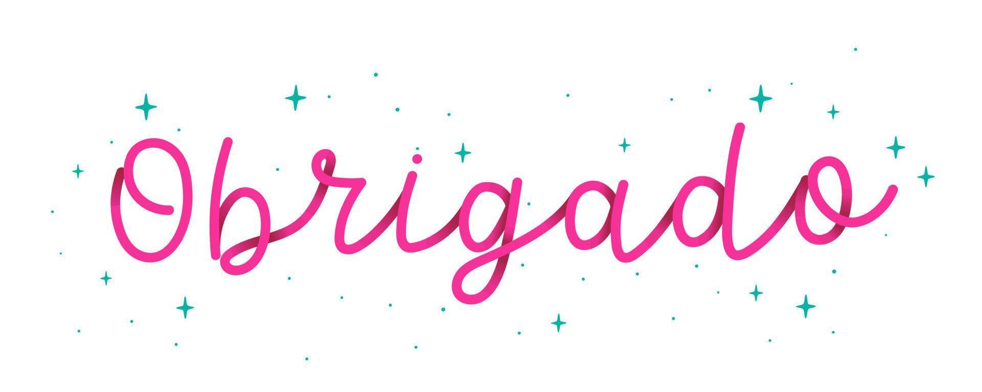 Hand cursive word pink Thank You in Brazilian Portuguese with stars. Translation - Thank you. vector
