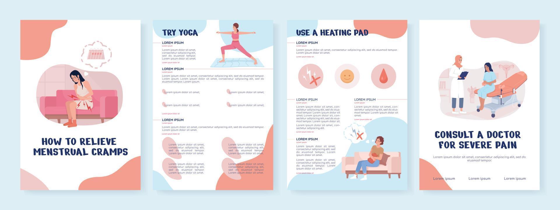 plantilla de folleto de vector plano de dolor menstrual. folleto de salud, diseños de colores planos imprimibles de folletos. página de revista editable, kit de informes con espacio de texto. nerko one, arenas movedizas, fuentes comfortaa utilizadas