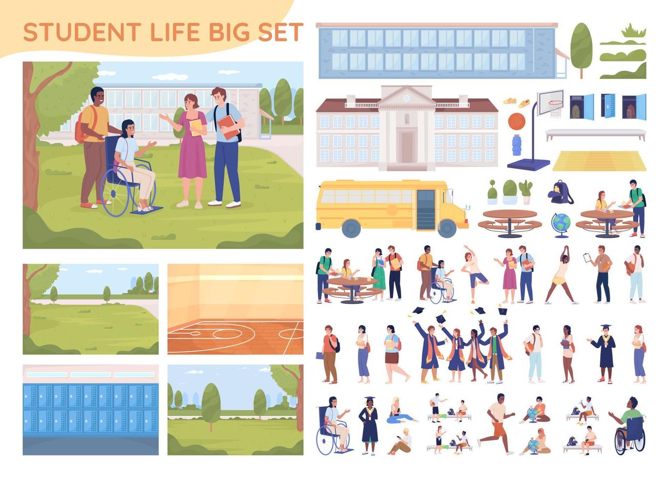 Student life 2D vector isolated illustrations big set. Flat characters, objects with cartoon backgrounds. Colourful editable constructor for web graphic design and animation