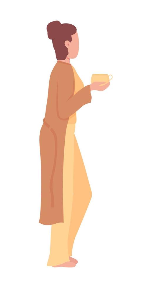 Woman holds of hot beverage semi flat color vector character. Editable figure. Full body person on white. Relax at home simple cartoon style illustration for web graphic design and animation