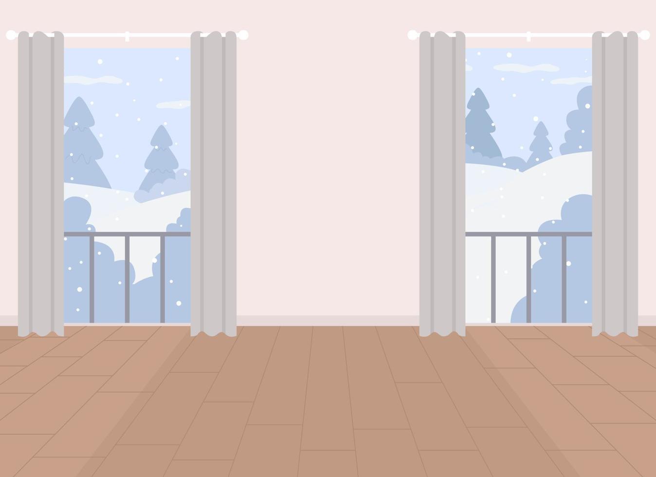 Living room with two windows flat color vector illustration. Luxury real estate. Apartment purchase. Fully editable 2D simple cartoon interior with wintertime forest view on background