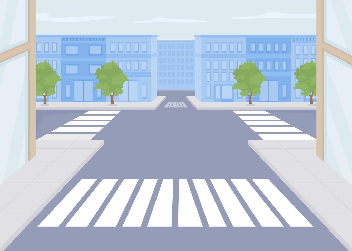 City crossroads flat color vector illustration. Urban infrastructure. Public place. Summertime town. Fully editable 2D simple cartoon cityscape with buildings and road on background
