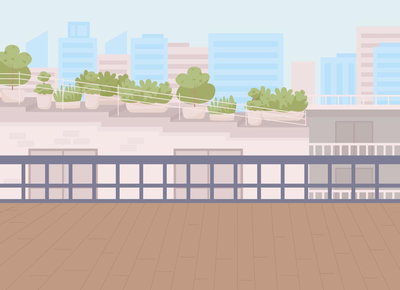 Balcony view flat color vector illustration. Penthouse terrace. Luxury lifestyle. Real estate. Fully editable 2D simple cartoon cityscape with modern buildings and skyscrapers on background