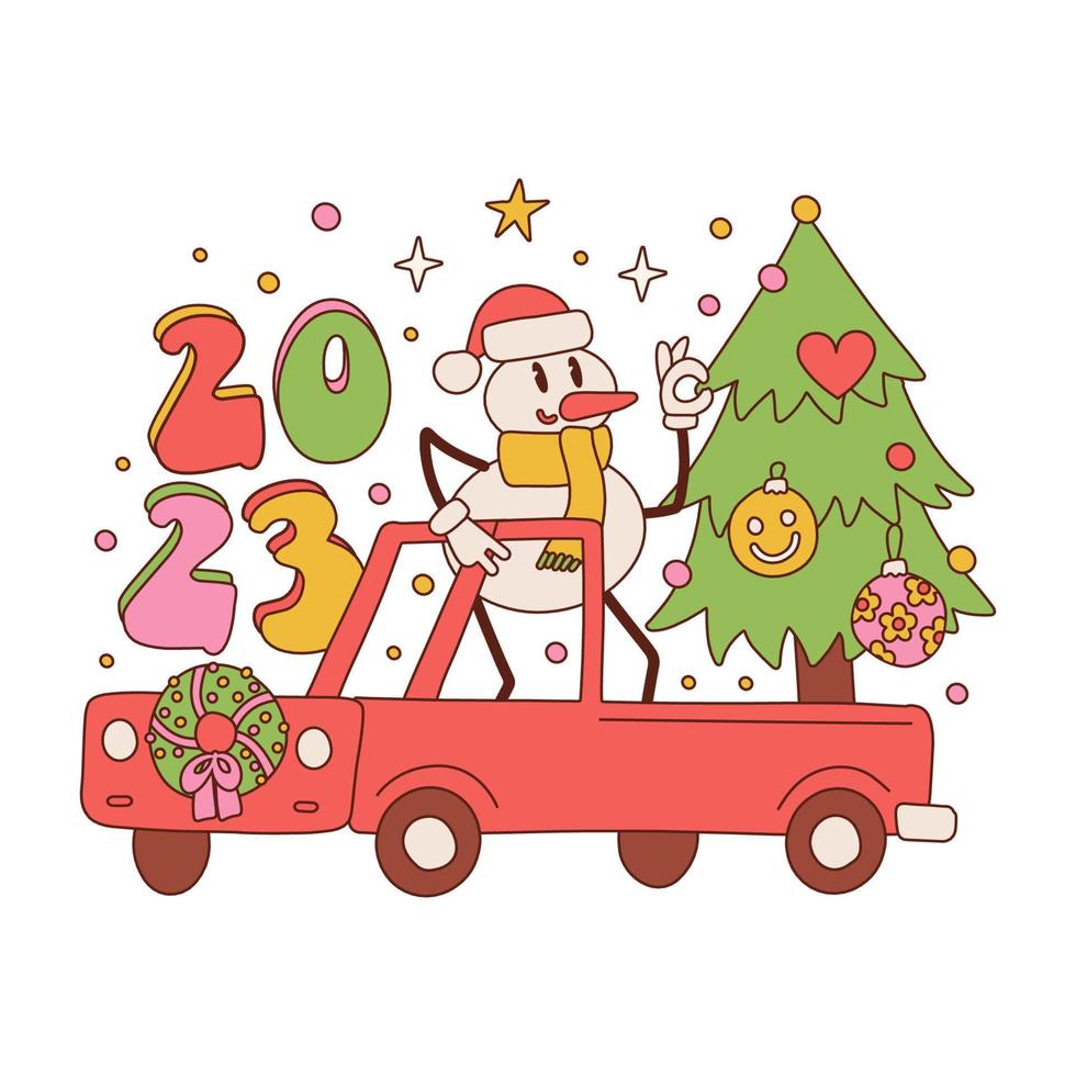 camión de estilo hippie con abeto de Navidad. concepto retro ornamental con carácter de muñeco de nieve en la parte trasera de un coche. Tarjeta de felicitación de Navidad de los años 60 y 70 y año nuevo 2023. ilustración vectorial hippy vector