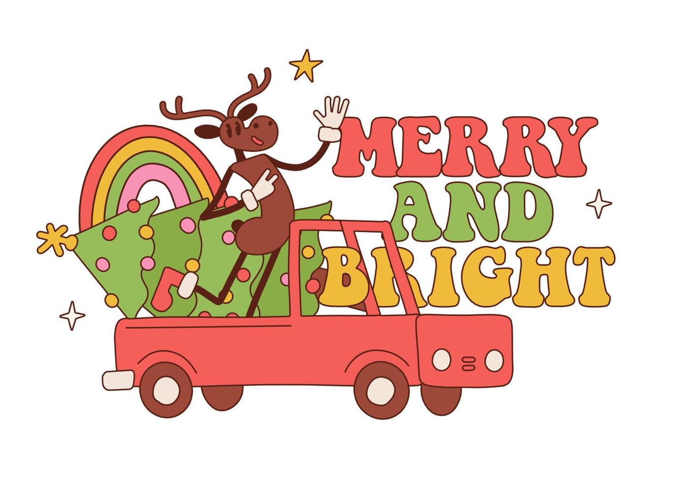 maravillosa camioneta retro de navidad lleva un árbol de navidad verde con carácter de ciervo con cuernos. diseño de tarjeta de año nuevo. cita alegre y brillante. ilustración vectorial dibujada a mano. vector