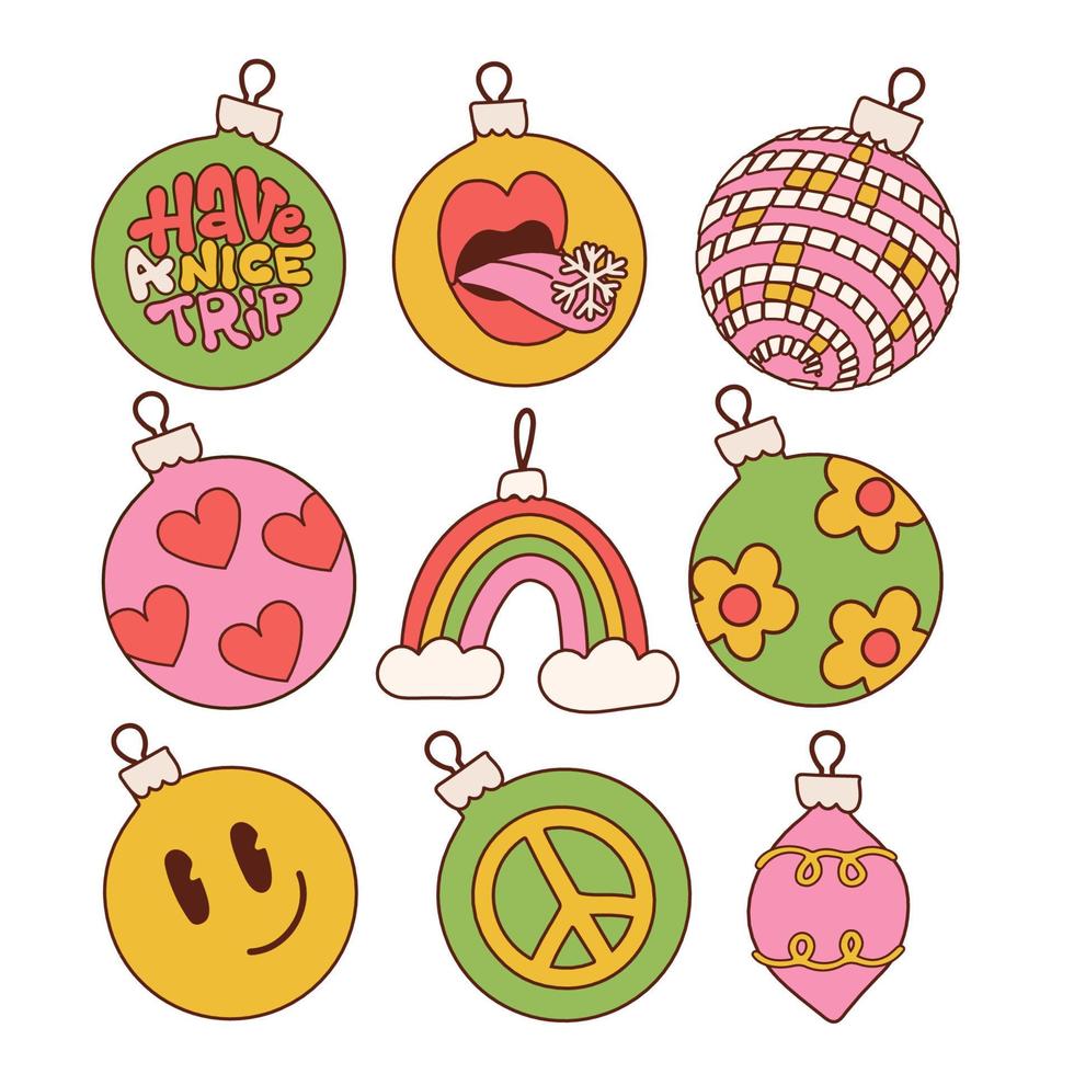 Groovy ambiente navideño conjunto de bolas de árbol de Navidad y juguetes en el moderno estilo de dibujos animados lineales hippie retro de los años 60. paz, amor, decoración floral. feliz navidad y feliz año nuevo elementos de decoración. ilustración vectorial vector