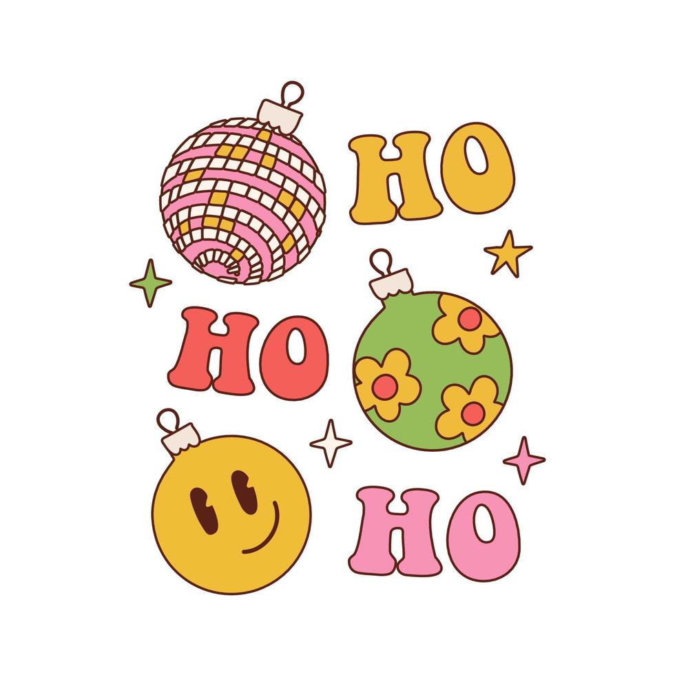 Hippie vintage style Christmas card. 70s groovy New Year typographic poster with HoHoHo and Xmas tree balls. Hand drawn vector illustration.