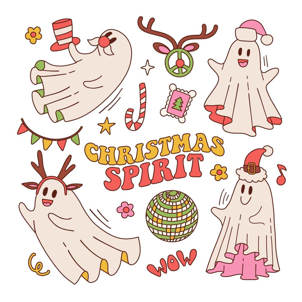 Set of Retro 70s 60s Hippie Groovy Christmas spirit Ghost characters isolated on white. Xmas White sheet spook in Santa hat, Deer antlers print for T-shirt design. Vector contour illustration.