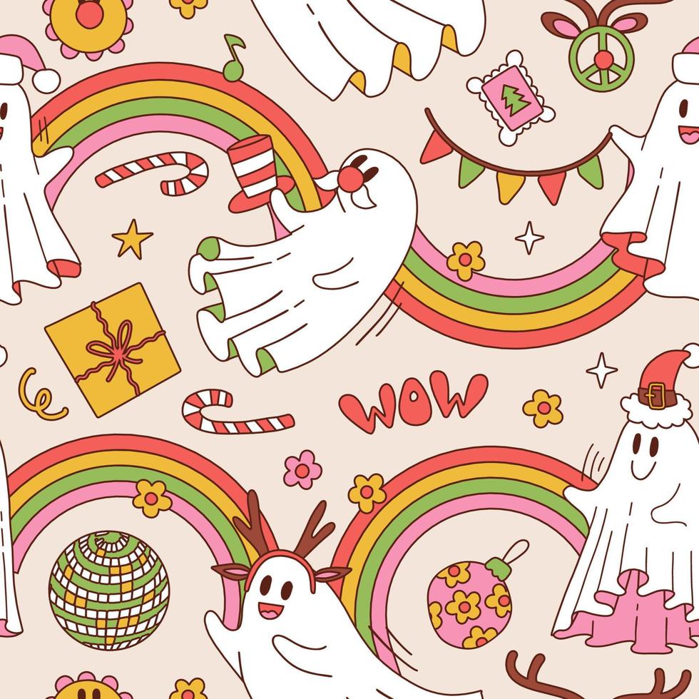 Retro 70s 60s Hippie seamless pattern with Groovy Christmas Ghost chcracters flying between Rainbow Garlands. Xmas Floral white sheet spook background. Trippy dancing ghosts. Vector illustration.