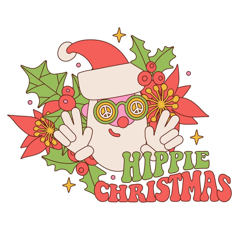 Hippie Christmas quote with Santa face in retro style. 70s 60s nostalgic poster or card. Groovy Santa in peace glasses with holly and poinsettia. Linear vector illustration.