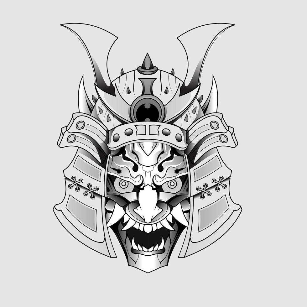 tatuajes negros samurai máscara oni diablo japonés tradicional guerrero casco ilustración. concepto militar e histórico para plantillas de símbolos y emblemas adecuados para tatuajes vector