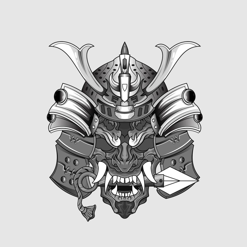 tatuajes negros samurai máscara oni diablo japonés tradicional guerrero casco ilustración. concepto militar e histórico para plantillas de símbolos y emblemas adecuados para tatuajes vector